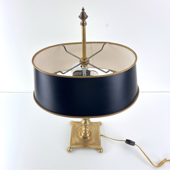 Vintage French Tole Brass Double Bulb Table Lamp With Black Shade - Picture 6 of 12